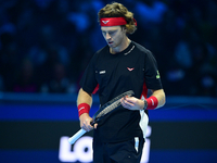 Andrej Rublev competes during the Nitto ATP Finals 2024 Group B match between Carlos Alcaraz and Andrej Rublev at Inalpi Arena in Milan, Ita...