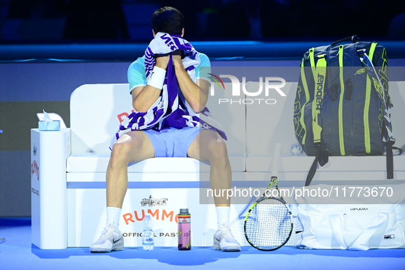 Carlos Alcaraz competes during the Nitto ATP Finals 2024 Group B match against Andrej Rublev at Inalpi Arena in Milan, Italy, on November 13...