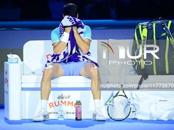 Carlos Alcaraz competes during the Nitto ATP Finals 2024 Group B match against Andrej Rublev at Inalpi Arena in Milan, Italy, on November 13...