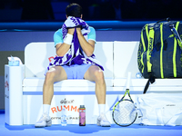 Carlos Alcaraz competes during the Nitto ATP Finals 2024 Group B match against Andrej Rublev at Inalpi Arena in Milan, Italy, on November 13...