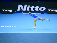 Carlos Alcaraz competes during the Nitto ATP Finals 2024 Group B match against Andrej Rublev at Inalpi Arena in Milan, Italy, on November 13...