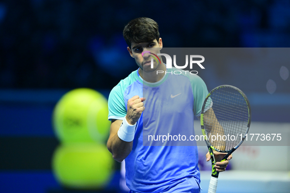 Carlos Alcaraz competes during the Nitto ATP Finals 2024 Group B match against Andrej Rublev at Inalpi Arena in Milan, Italy, on November 13...