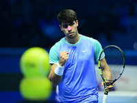 Carlos Alcaraz competes during the Nitto ATP Finals 2024 Group B match against Andrej Rublev at Inalpi Arena in Milan, Italy, on November 13...