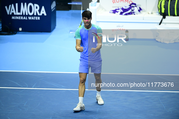 Carlos Alcaraz competes during the Nitto ATP Finals 2024 Group B match against Andrej Rublev at Inalpi Arena in Milan, Italy, on November 13...