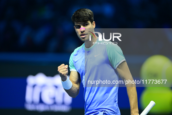 Carlos Alcaraz competes during the Nitto ATP Finals 2024 Group B match against Andrej Rublev at Inalpi Arena in Milan, Italy, on November 13...