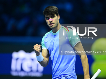 Carlos Alcaraz competes during the Nitto ATP Finals 2024 Group B match against Andrej Rublev at Inalpi Arena in Milan, Italy, on November 13...