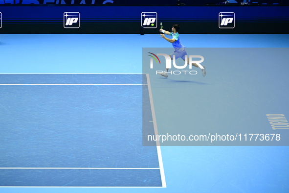 Carlos Alcaraz competes during the Nitto ATP Finals 2024 Group B match against Andrej Rublev at Inalpi Arena in Milan, Italy, on November 13...