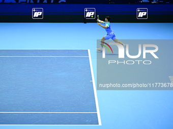 Carlos Alcaraz competes during the Nitto ATP Finals 2024 Group B match against Andrej Rublev at Inalpi Arena in Milan, Italy, on November 13...