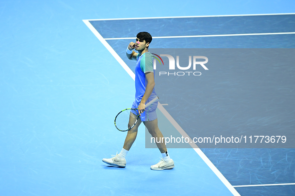 Carlos Alcaraz competes during the Nitto ATP Finals 2024 Group B match against Andrej Rublev at Inalpi Arena in Milan, Italy, on November 13...