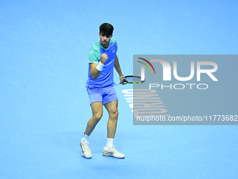 Carlos Alcaraz competes during the Nitto ATP Finals 2024 Group B match against Andrej Rublev at Inalpi Arena in Milan, Italy, on November 13...