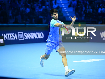 Carlos Alcaraz competes during the Nitto ATP Finals 2024 Group B match against Andrej Rublev at Inalpi Arena in Milan, Italy, on November 13...