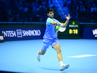 Carlos Alcaraz competes during the Nitto ATP Finals 2024 Group B match against Andrej Rublev at Inalpi Arena in Milan, Italy, on November 13...