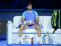 Carlos Alcaraz competes during the Nitto ATP Finals 2024 Group B match against Andrej Rublev at Inalpi Arena in Milan, Italy, on November 13...