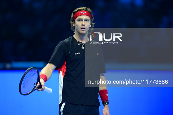 Andrej Rublev competes during the Nitto ATP Finals 2024 Group B match between Carlos Alcaraz and Andrej Rublev at Inalpi Arena in Milan, Ita...