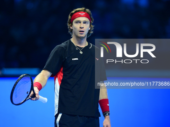 Andrej Rublev competes during the Nitto ATP Finals 2024 Group B match between Carlos Alcaraz and Andrej Rublev at Inalpi Arena in Milan, Ita...