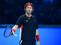 Andrej Rublev competes during the Nitto ATP Finals 2024 Group B match between Carlos Alcaraz and Andrej Rublev at Inalpi Arena in Milan, Ita...