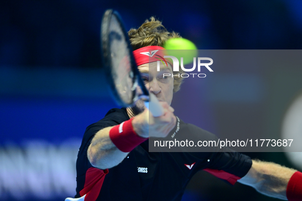 Andrej Rublev competes during the Nitto ATP Finals 2024 Group B match between Carlos Alcaraz and Andrej Rublev at Inalpi Arena in Milan, Ita...