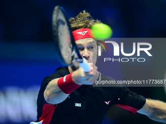 Andrej Rublev competes during the Nitto ATP Finals 2024 Group B match between Carlos Alcaraz and Andrej Rublev at Inalpi Arena in Milan, Ita...