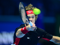 Andrej Rublev competes during the Nitto ATP Finals 2024 Group B match between Carlos Alcaraz and Andrej Rublev at Inalpi Arena in Milan, Ita...