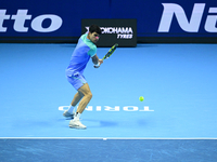 Carlos Alcaraz competes during the Nitto ATP Finals 2024 Group B match against Andrej Rublev at Inalpi Arena in Milan, Italy, on November 13...