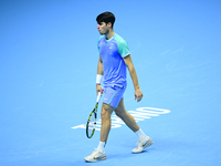 Carlos Alcaraz competes during the Nitto ATP Finals 2024 Group B match against Andrej Rublev at Inalpi Arena in Milan, Italy, on November 13...