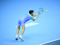 Carlos Alcaraz competes during the Nitto ATP Finals 2024 Group B match against Andrej Rublev at Inalpi Arena in Milan, Italy, on November 13...