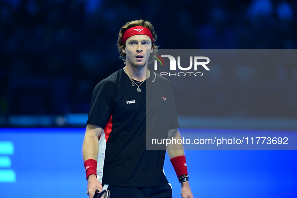 Andrej Rublev competes during the Nitto ATP Finals 2024 Group B match between Carlos Alcaraz and Andrej Rublev at Inalpi Arena in Milan, Ita...