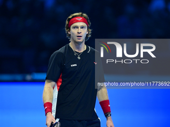 Andrej Rublev competes during the Nitto ATP Finals 2024 Group B match between Carlos Alcaraz and Andrej Rublev at Inalpi Arena in Milan, Ita...