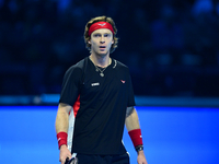 Andrej Rublev competes during the Nitto ATP Finals 2024 Group B match between Carlos Alcaraz and Andrej Rublev at Inalpi Arena in Milan, Ita...