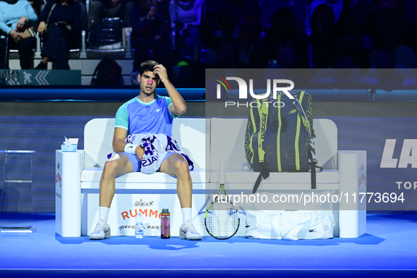 Carlos Alcaraz competes during the Nitto ATP Finals 2024 Group B match against Andrej Rublev at Inalpi Arena in Milan, Italy, on November 13...