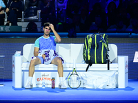 Carlos Alcaraz competes during the Nitto ATP Finals 2024 Group B match against Andrej Rublev at Inalpi Arena in Milan, Italy, on November 13...