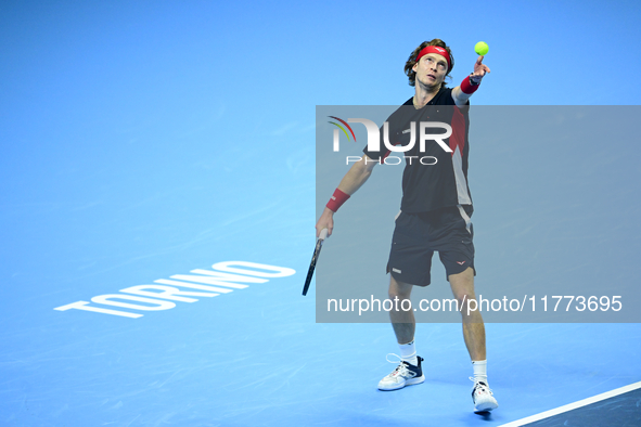 Andrej Rublev competes during the Nitto ATP Finals 2024 Group B match between Carlos Alcaraz and Andrej Rublev at Inalpi Arena in Milan, Ita...