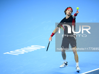 Andrej Rublev competes during the Nitto ATP Finals 2024 Group B match between Carlos Alcaraz and Andrej Rublev at Inalpi Arena in Milan, Ita...