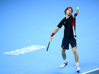 Andrej Rublev competes during the Nitto ATP Finals 2024 Group B match between Carlos Alcaraz and Andrej Rublev at Inalpi Arena in Milan, Ita...