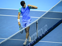 Carlos Alcaraz competes during the Nitto ATP Finals 2024 Group B match against Andrej Rublev at Inalpi Arena in Milan, Italy, on November 13...