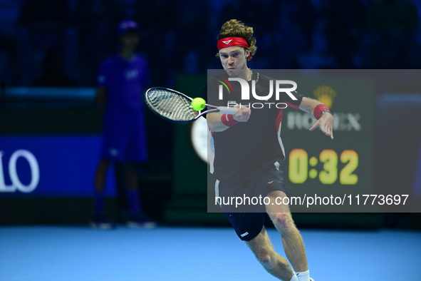 Andrej Rublev competes during the Nitto ATP Finals 2024 Group B match between Carlos Alcaraz and Andrej Rublev at Inalpi Arena in Milan, Ita...