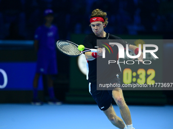 Andrej Rublev competes during the Nitto ATP Finals 2024 Group B match between Carlos Alcaraz and Andrej Rublev at Inalpi Arena in Milan, Ita...