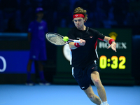 Andrej Rublev competes during the Nitto ATP Finals 2024 Group B match between Carlos Alcaraz and Andrej Rublev at Inalpi Arena in Milan, Ita...