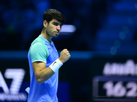 Carlos Alcaraz competes during the Nitto ATP Finals 2024 Group B match against Andrej Rublev at Inalpi Arena in Milan, Italy, on November 13...