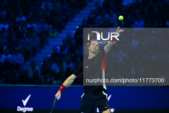 Andrej Rublev competes during the Nitto ATP Finals 2024 Group B match between Carlos Alcaraz and Andrej Rublev at Inalpi Arena in Milan, Ita...