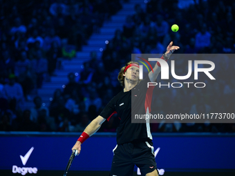 Andrej Rublev competes during the Nitto ATP Finals 2024 Group B match between Carlos Alcaraz and Andrej Rublev at Inalpi Arena in Milan, Ita...