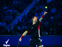 Andrej Rublev competes during the Nitto ATP Finals 2024 Group B match between Carlos Alcaraz and Andrej Rublev at Inalpi Arena in Milan, Ita...