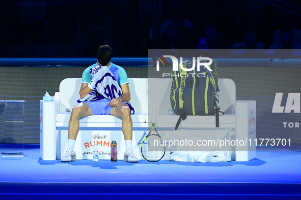 Carlos Alcaraz competes during the Nitto ATP Finals 2024 Group B match against Andrej Rublev at Inalpi Arena in Milan, Italy, on November 13...