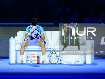 Carlos Alcaraz competes during the Nitto ATP Finals 2024 Group B match against Andrej Rublev at Inalpi Arena in Milan, Italy, on November 13...