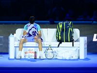 Carlos Alcaraz competes during the Nitto ATP Finals 2024 Group B match against Andrej Rublev at Inalpi Arena in Milan, Italy, on November 13...