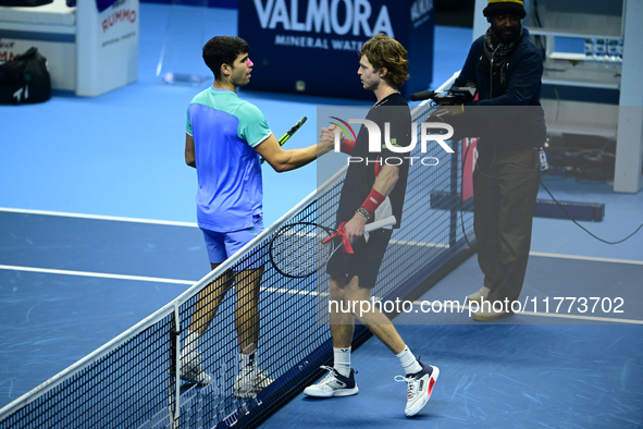 Carlos Alcaraz and Andrej Rublev compete in the Nitto ATP Finals 2024 Group B match at Inalpi Arena in Milan, Italy, on November 13, 2024. 