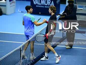 Carlos Alcaraz and Andrej Rublev compete in the Nitto ATP Finals 2024 Group B match at Inalpi Arena in Milan, Italy, on November 13, 2024. (