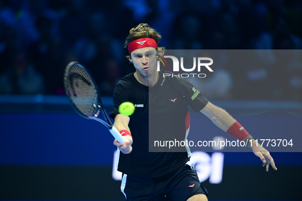 Andrej Rublev competes during the Nitto ATP Finals 2024 Group B match between Carlos Alcaraz and Andrej Rublev at Inalpi Arena in Milan, Ita...