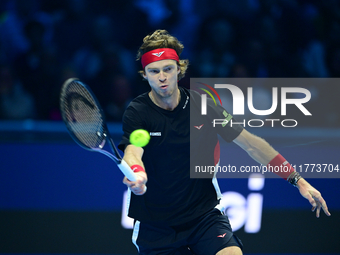 Andrej Rublev competes during the Nitto ATP Finals 2024 Group B match between Carlos Alcaraz and Andrej Rublev at Inalpi Arena in Milan, Ita...