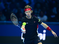 Andrej Rublev competes during the Nitto ATP Finals 2024 Group B match between Carlos Alcaraz and Andrej Rublev at Inalpi Arena in Milan, Ita...